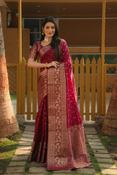 Luxuriant Bandhej Kanjivaram Wine Color Silk Saree